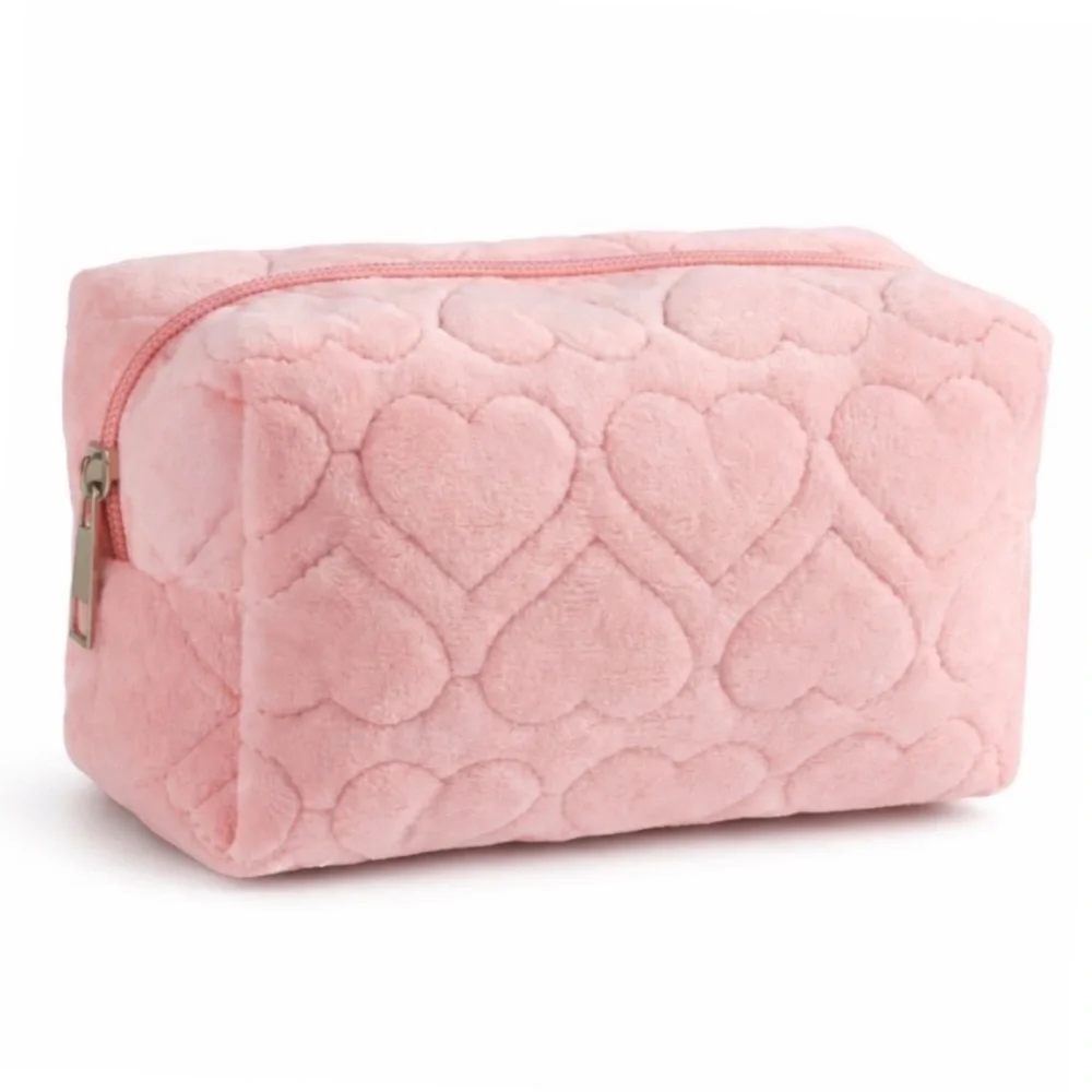 Pink Fuzzy Heart Quilted Makeup Bag Cosmetic Travel Pouch